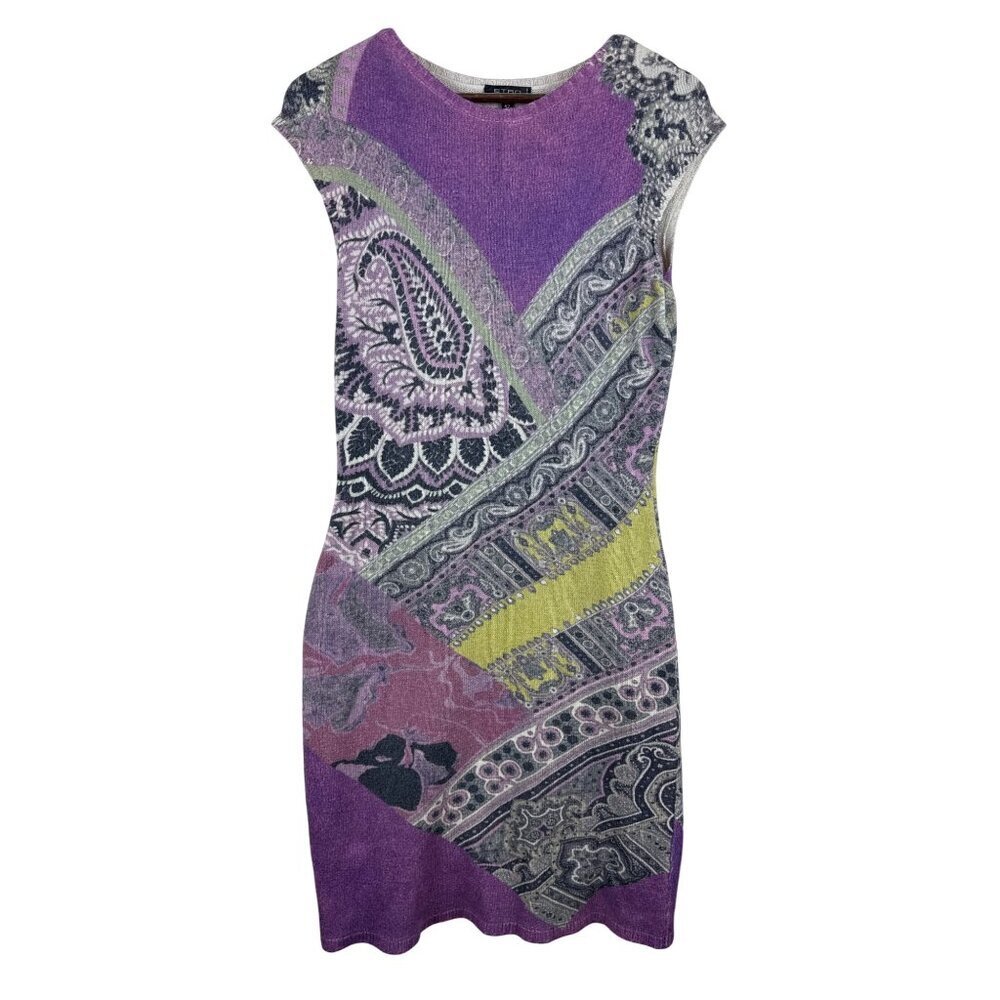 ETRO Milano Women's Dress Sweater Cap Sleeve Abstract Knit Purple EU 42 US 12